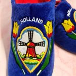 Blue slippers with windmill embroidery, Holland theme.