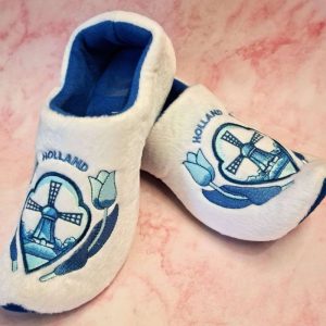 Dutch slippers with windmills and tulip design.