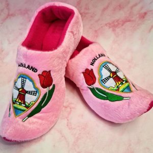 Pink plush slippers with Holland windmill design.