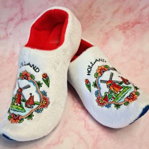 Fluffy Holland slippers with windmill embroidery.