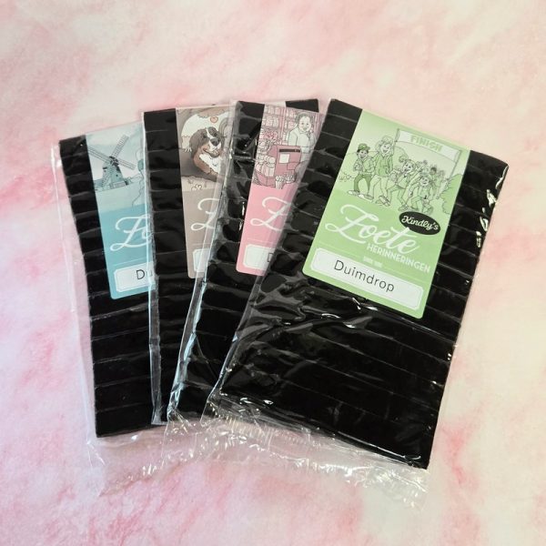 Assorted licorice packages with colourful labels.