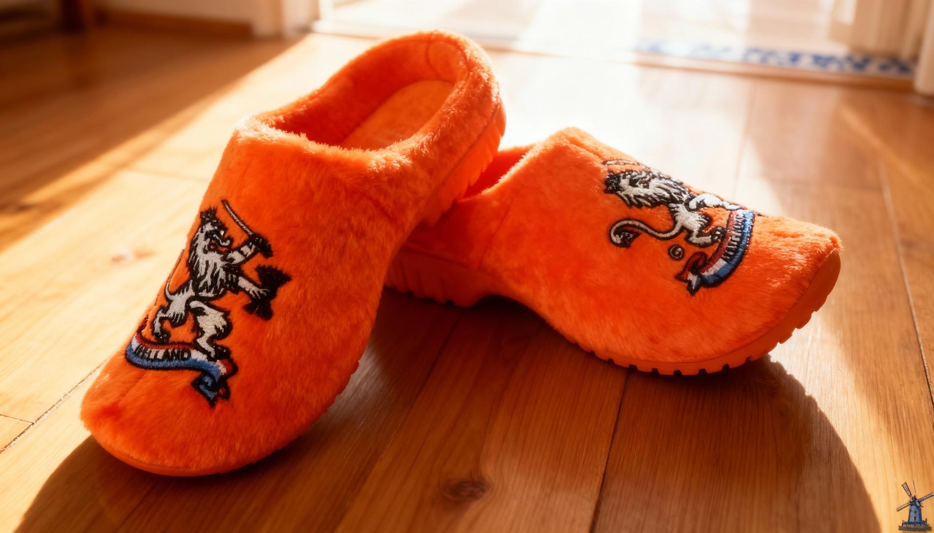 Women’s Dutch clog slippers in bright orange with plush fur finish and embroidered lion crest on a wooden floor.