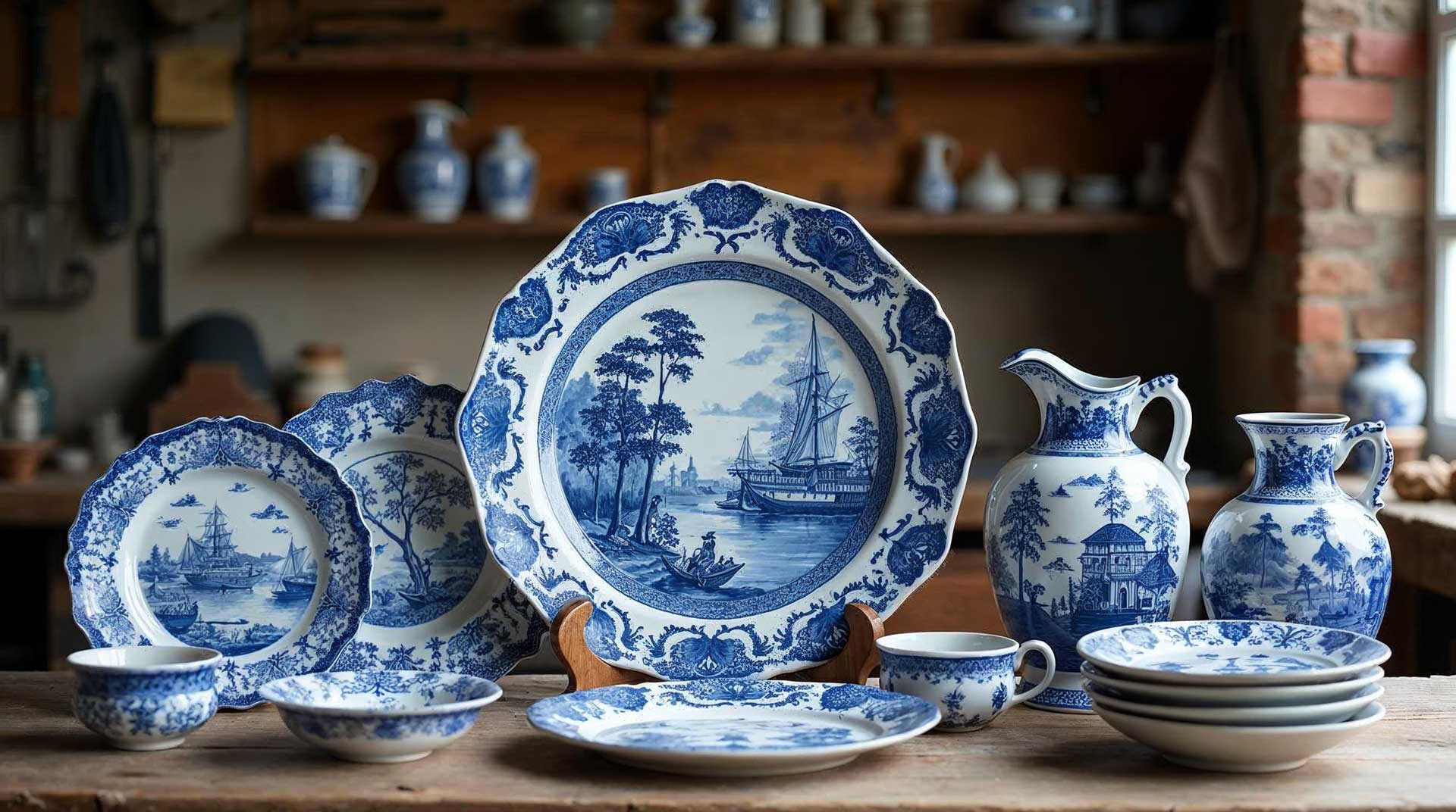 Traditional Dutch Delft Blue porcelain pottery from Holland, featuring hand-painted blue and white vases and plates on wooden table.